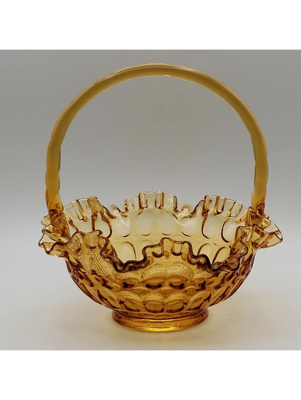 Fenton Basket Thumbprint Colonial Amber Art Glass Applied Handle Crimped 8